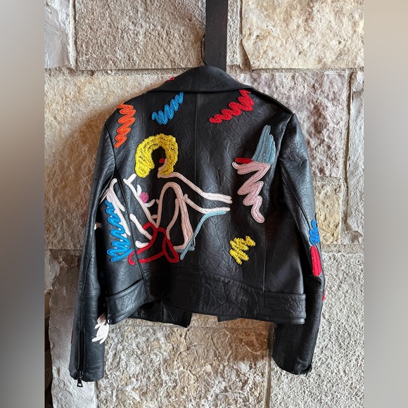 Alice + Olivia Black Leather Moto Jacket with Multicolor Embroidered Accents - Picture 3 of 6